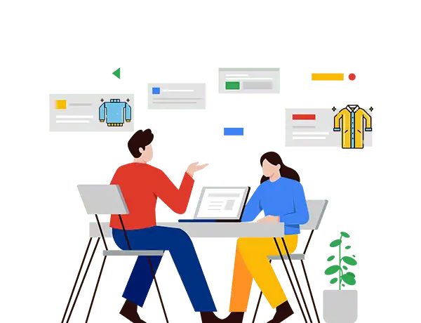 Ilustracja dwóch osób siedzących przy biurku z laptopem, otoczonych ikonami produktów odzieżowych.